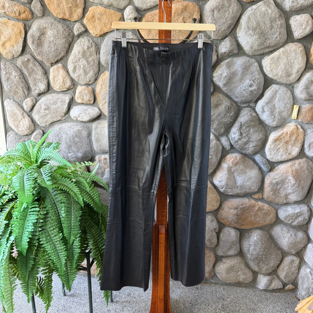 Zara Black Faux Leather High Waisted Straight Leg Pants Large Side Zip
